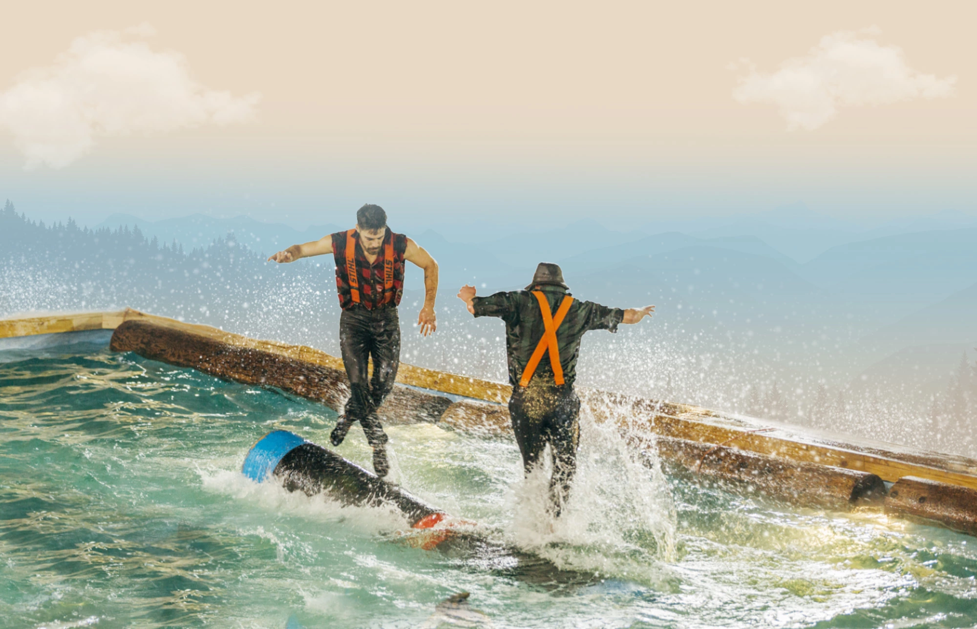 lumberjacks competing on the log roll