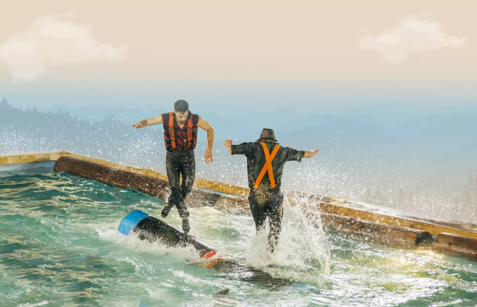 lumberjacks competing on the log roll