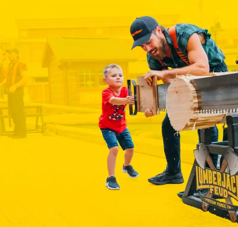 kid chopping wood with the help of a lumberjack