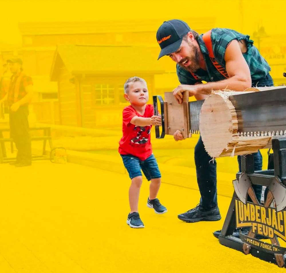 kid chopping wood with the help of a lumberjack