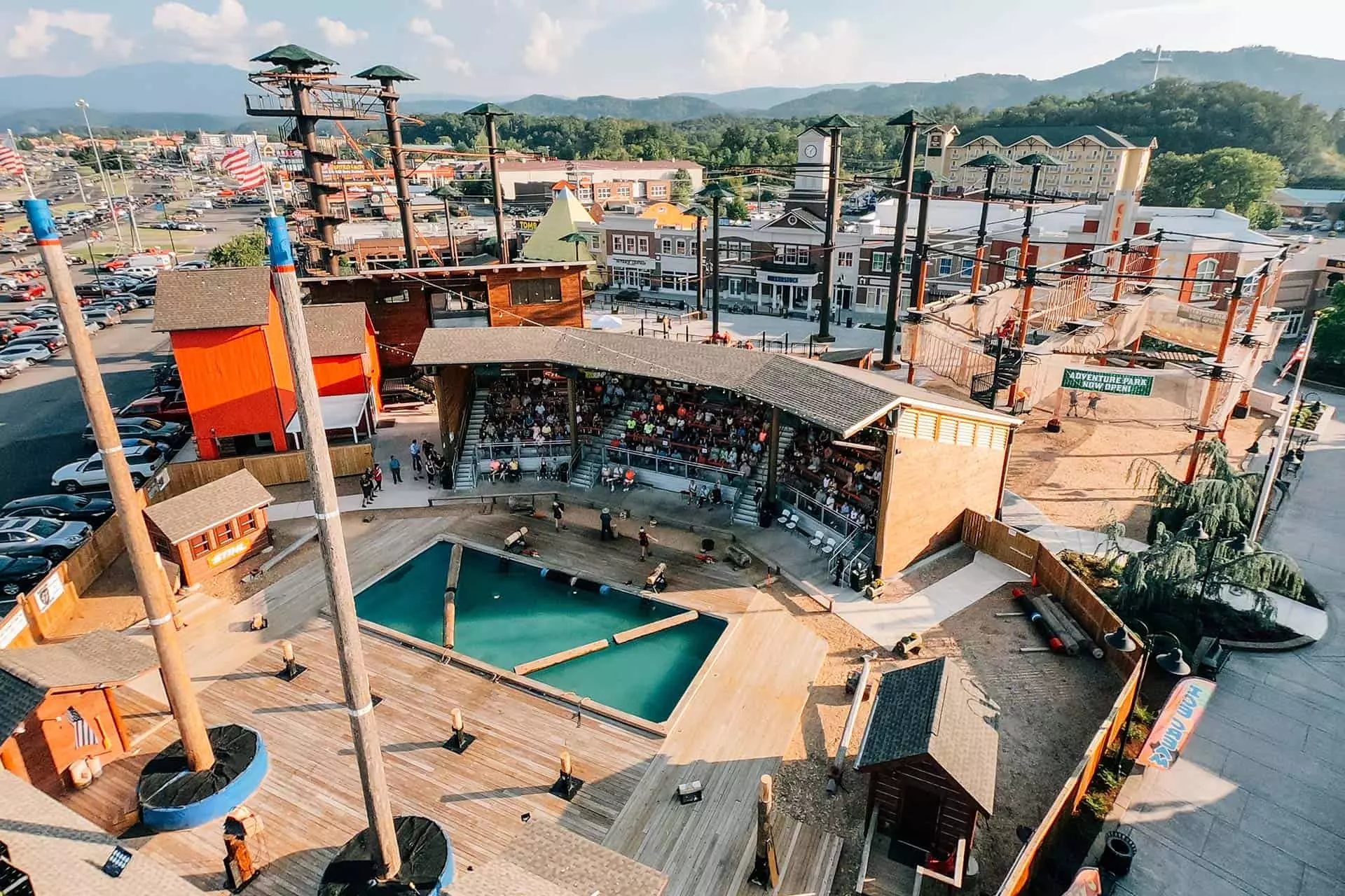 drone perspective of lumberjack show