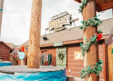 Lumberjack Feud stage with Christmas decorations