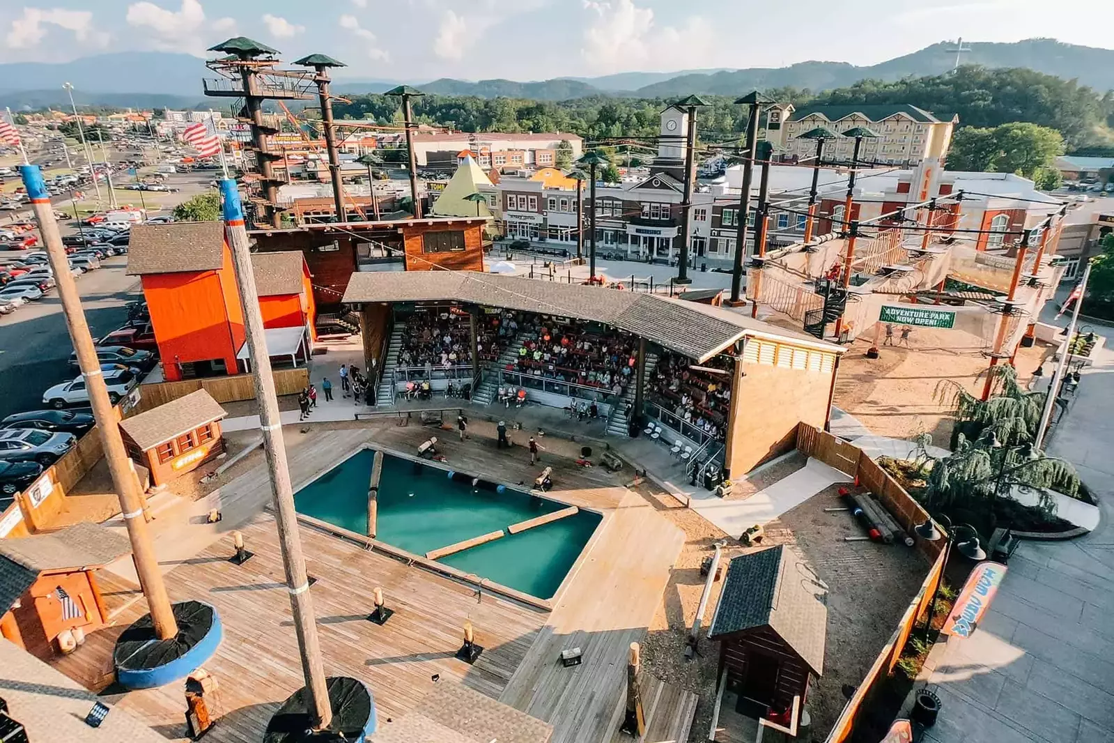 drone perspective of lumberjack show